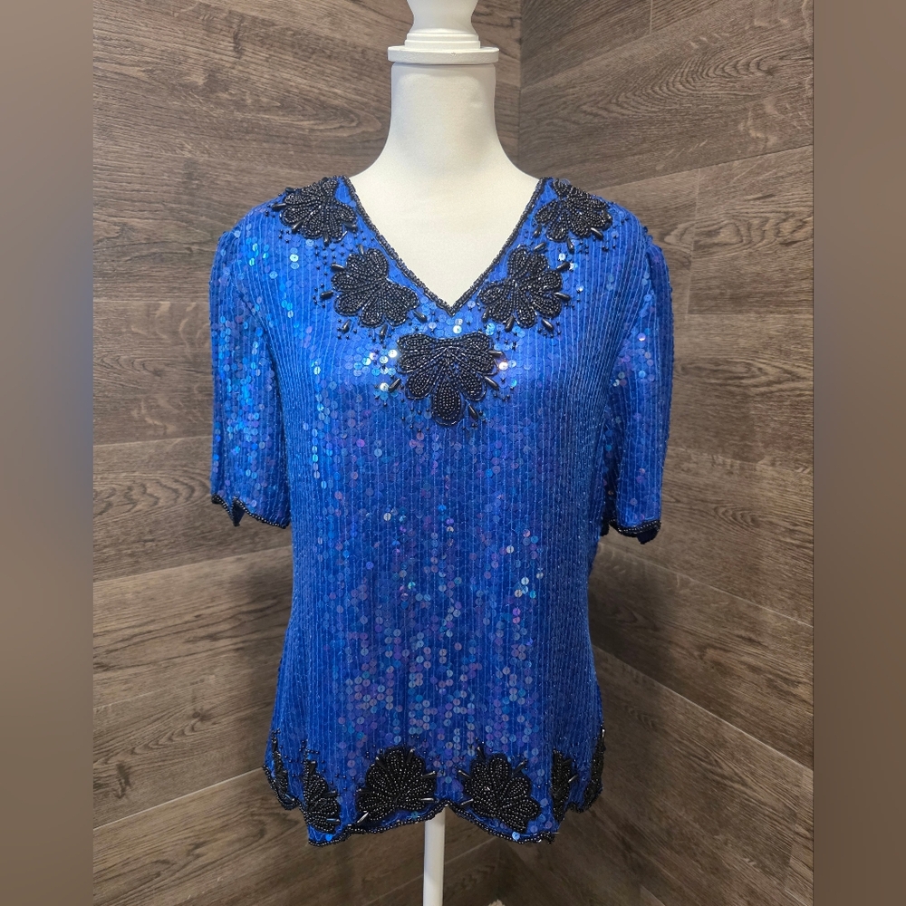 Vintage Stenay Royal Blue Sequin Blouse with Black Floral Details